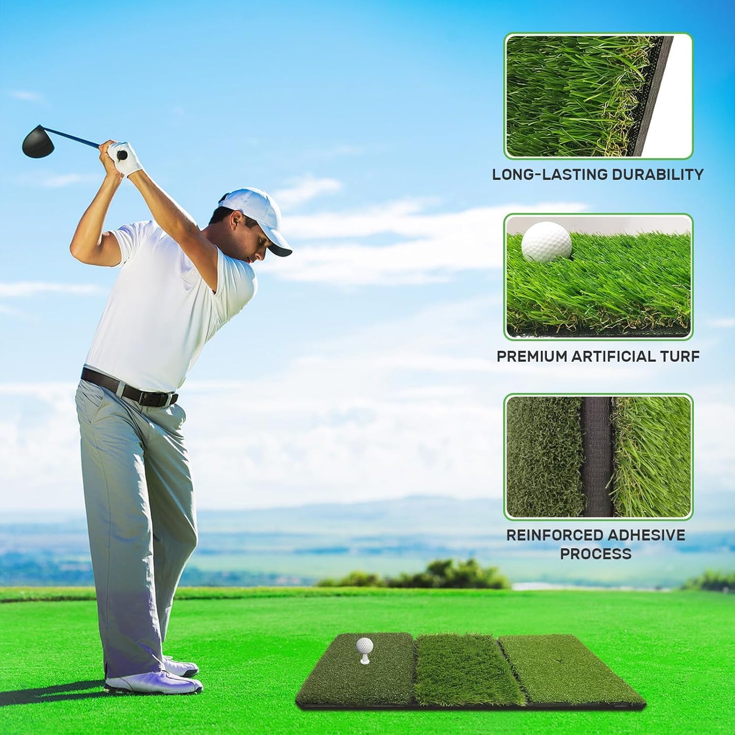 COSPOPTIC Golf Hitting Mat with Swing Path Feedback, Heavy-Duty Rubber Base Anti-Slip Golf Training Mat, Extra Replaceable Surface, Portable Practice Mat for Home Office Garage Yard Indoor Outdoor