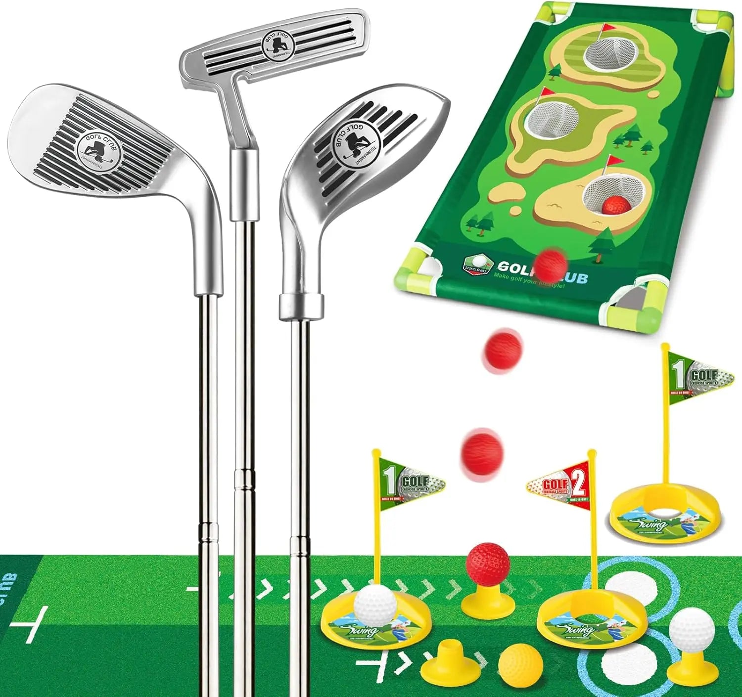 Kids All-In-1 Golf Starter Set - 3 Clubs, 9 Balls, Putting Mat, Cornhole Board, Toss Game, Sporty Ball Games, Adjustable, Safe, Durable, Versatile Play Modes, Christmas Gift for Ages 3-12