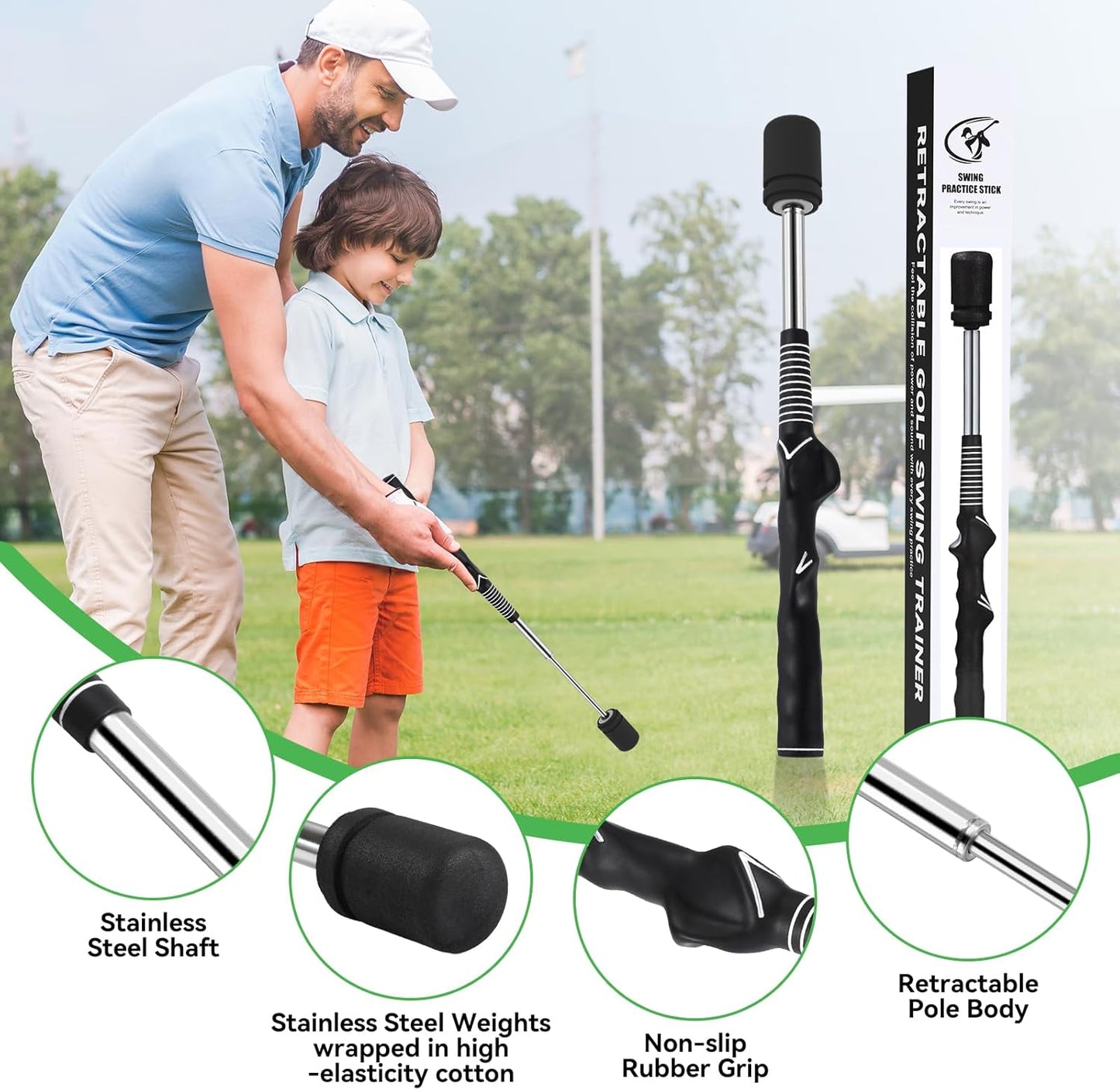 Golf Swing Training Aid, Retractable Golf Grip Trainer for Golf Training, Golf Swing Trainer with Arm Band for Warm-Up, Right-Handed Grip Trainer Golf Club for Indoor & Outdoor Use