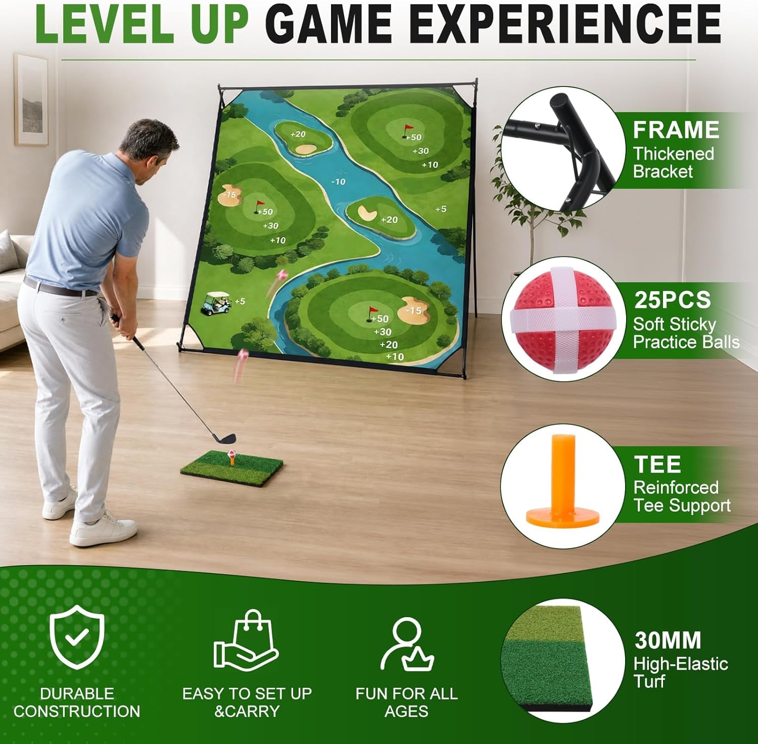 71"×71" Golf Chipping Game Outdoor Indoor, Double Sided Golf Chipping Practice Set with Hitting Mat, Golf Club, Sticky Ball,Scoreboard