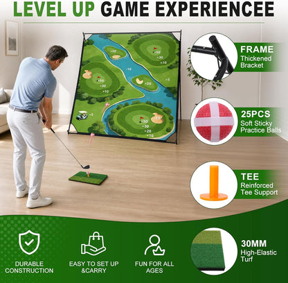 71"×71" Golf Chipping Game Outdoor Indoor, Double Sided Golf Chipping Practice Set with Hitting Mat, Golf Club, Sticky Ball,Scoreboard