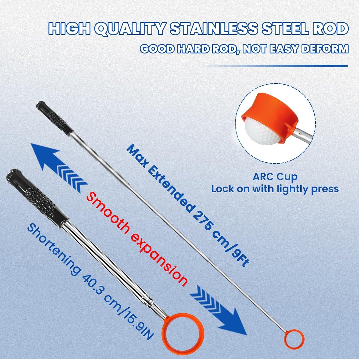 Golf Ball Retriever, Max 6/9/12/15Ft Lightweight Portable Stainless/Aluminum Alloy Telescopic Golf Ball Grabber for Water, Bushes, Grass and Sand, Golf Accessories Gifts for Men Women