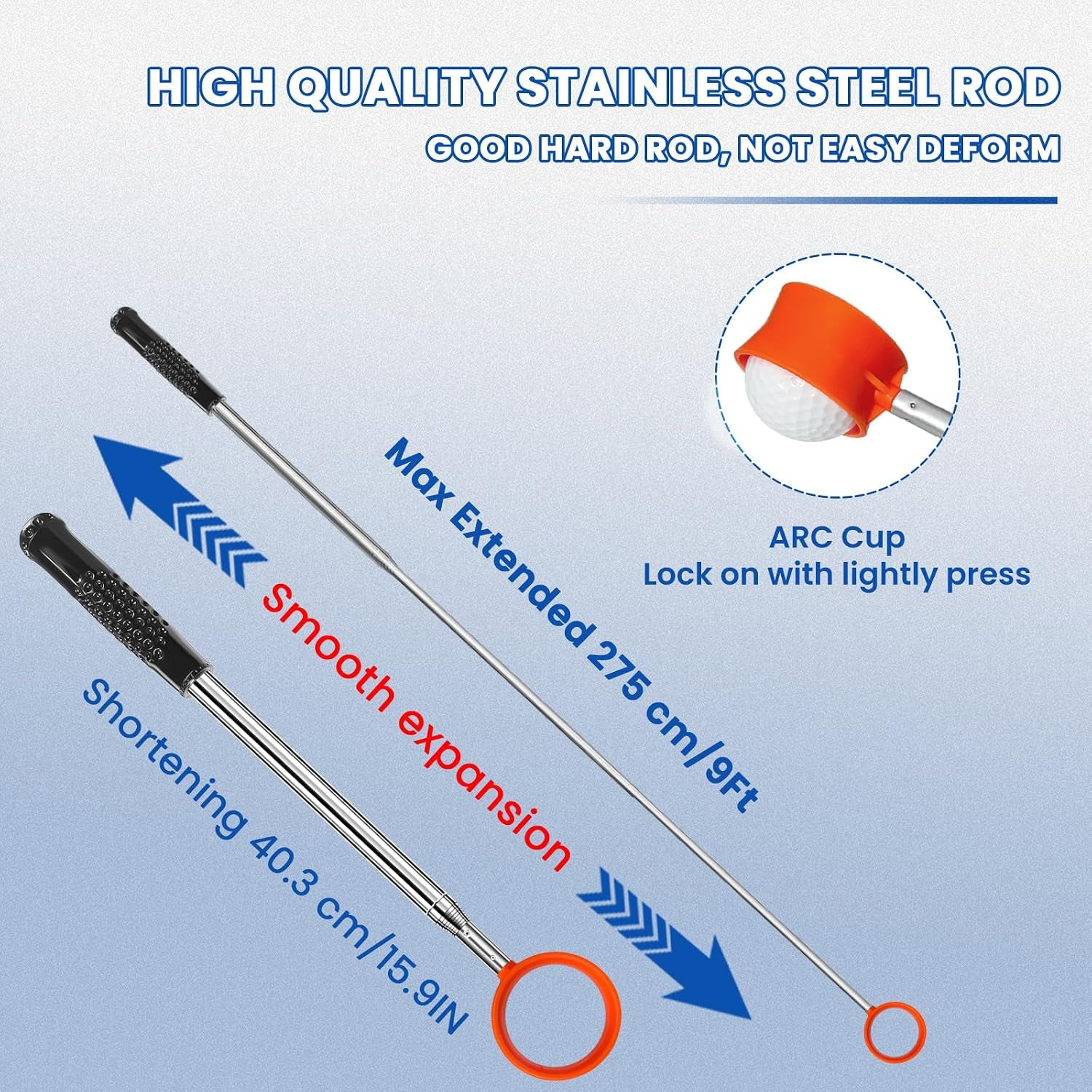 Golf Ball Retriever, Max 6/9/12/15Ft Lightweight Portable Stainless/Aluminum Alloy Telescopic Golf Ball Grabber for Water, Bushes, Grass and Sand, Golf Accessories Gifts for Men Women
