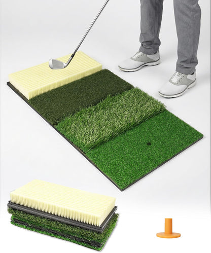 4-In-1 Golf Hitting Mat, Golf Practice Mat with Fairway, Rough, Sand & Tee Turf, Indoor Outdoor Golf Training Mat for Driving, Chipping & Putting with Golf Mat Tees