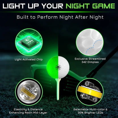 KINGTOP Glow in the Dark LED Golf Ball - Light Activated Light up Golf Ball with Fluorescent Tees and Storage Bag, Fun Night Golf Gift for Men and Women
