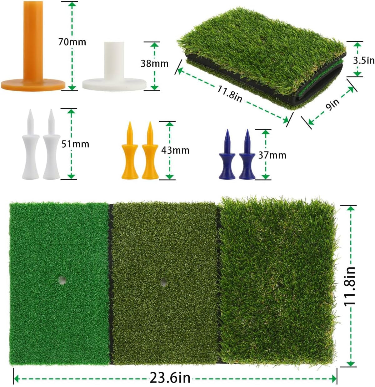 Golf Hitting Mat,Dual-Turf and Tri-Turf Portable & Foldable Golf Mat,Artificial Turf Golf Training Aids for Hitting,Swing & Putting-Ideal Golf Practice Mat for Indoor/Outdoor Use