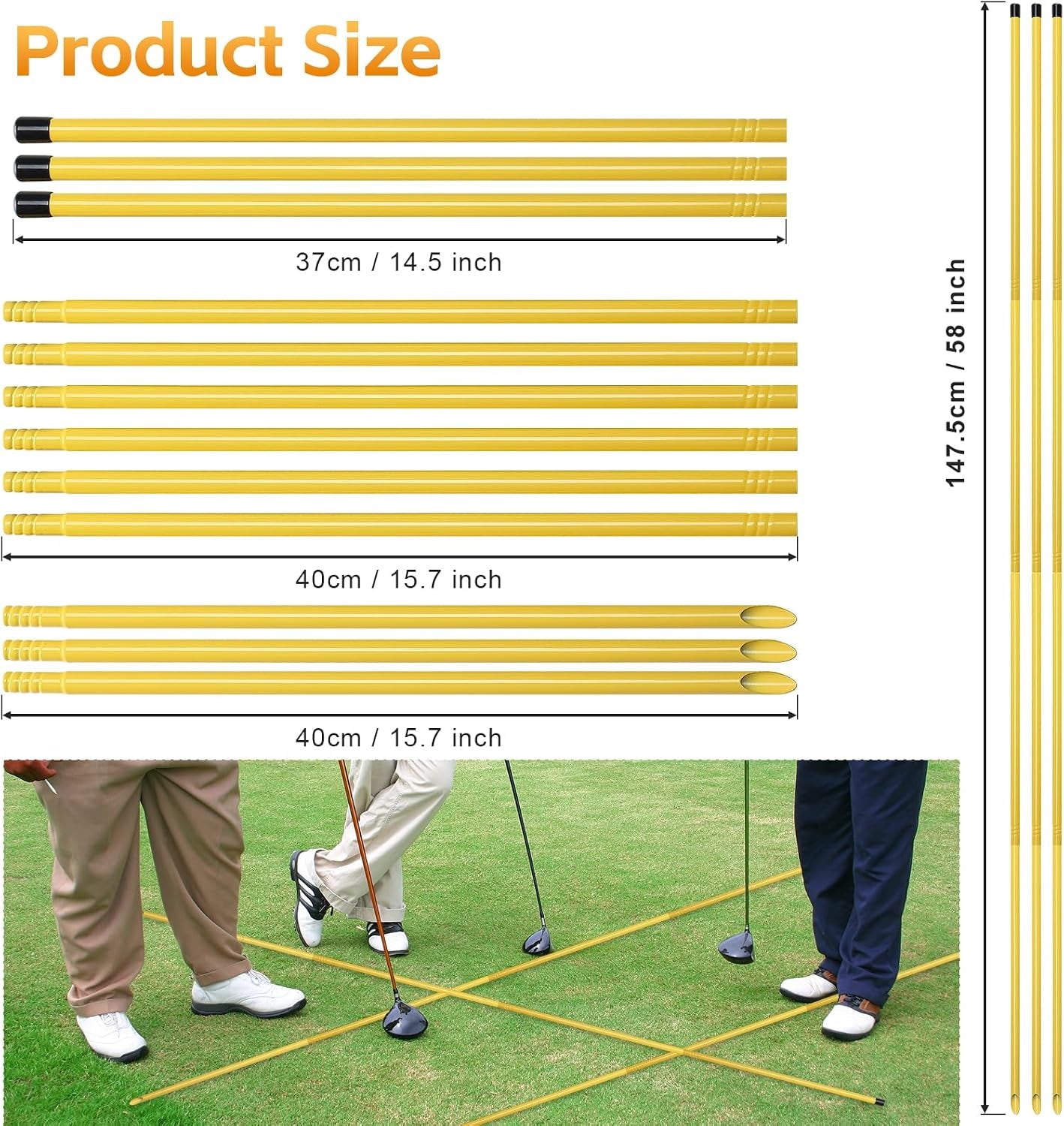 Golf Alignment Sticks 3 Pack, 58 Inch Golf Swing Practice Stick, Adjustable Length Golf Practice Rods Alignment Training Sticks for Aiming, Putting, Full Swing Trainer, Yellow