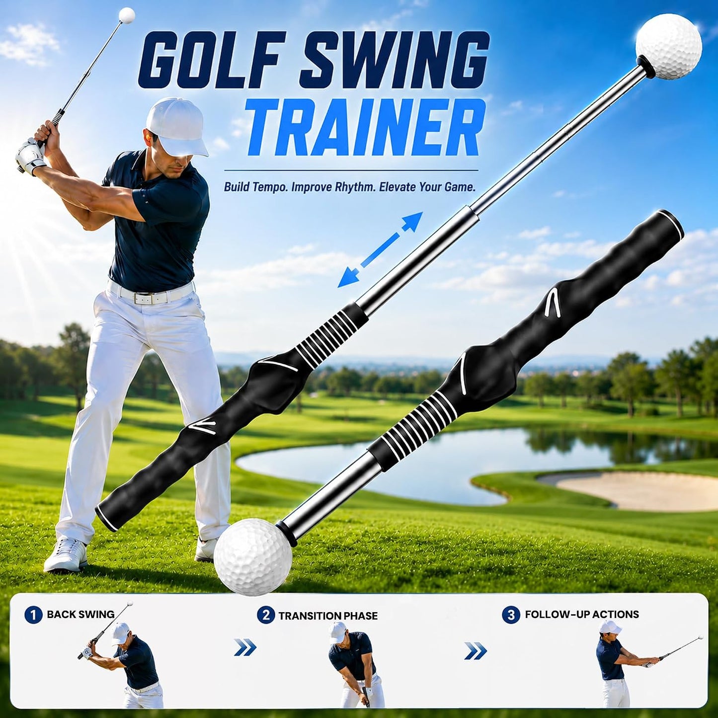 Retractable Golf Swing Trainer, Golf Grip Trainer, Golf Training Aid for Warm-Up, Golf Swing Training Aid, Grip Trainer Golf Club, Strength & Tempo Training for Chipping Hitting