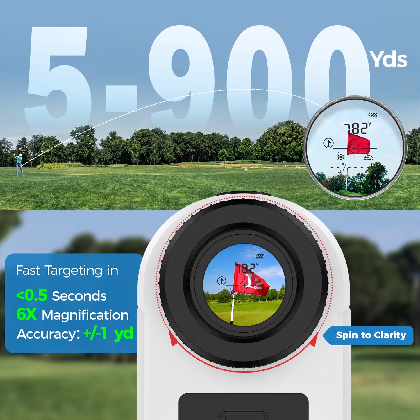 Golf Rangefinder with Slope, 900 Yards Laser Range Finder Golfing, 6X Magnification, Flag Pole Locking Vibration, Rechargeable Range Finders with Magnet Stripe-Ip54 Waterproof Golfing