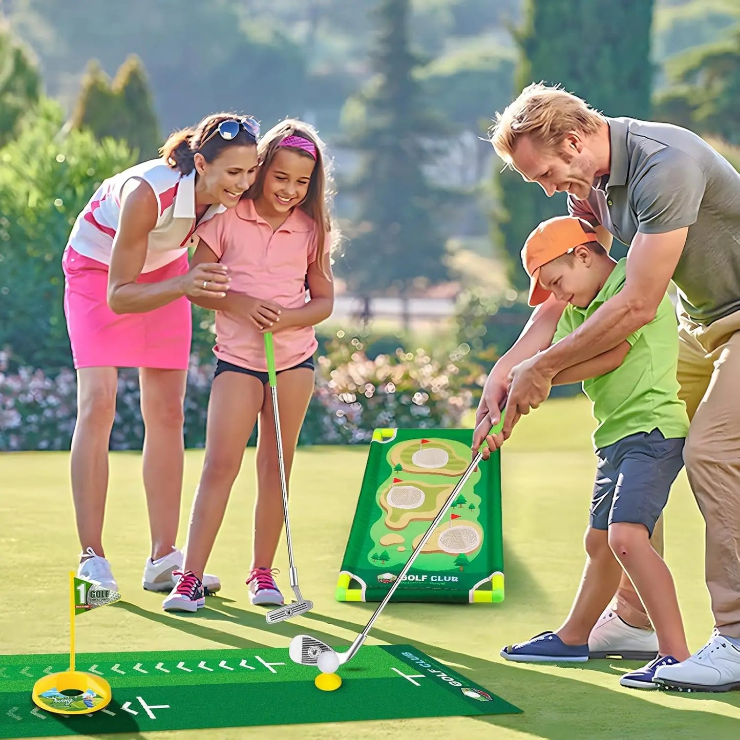 Kids All-In-1 Golf Starter Set - 3 Clubs, 9 Balls, Putting Mat, Cornhole Board, Toss Game, Sporty Ball Games, Adjustable, Safe, Durable, Versatile Play Modes, Christmas Gift for Ages 3-12