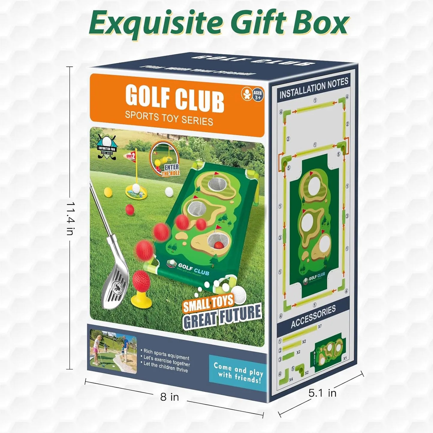 Kids All-In-1 Golf Starter Set - 3 Clubs, 9 Balls, Putting Mat, Cornhole Board, Toss Game, Sporty Ball Games, Adjustable, Safe, Durable, Versatile Play Modes, Christmas Gift for Ages 3-12