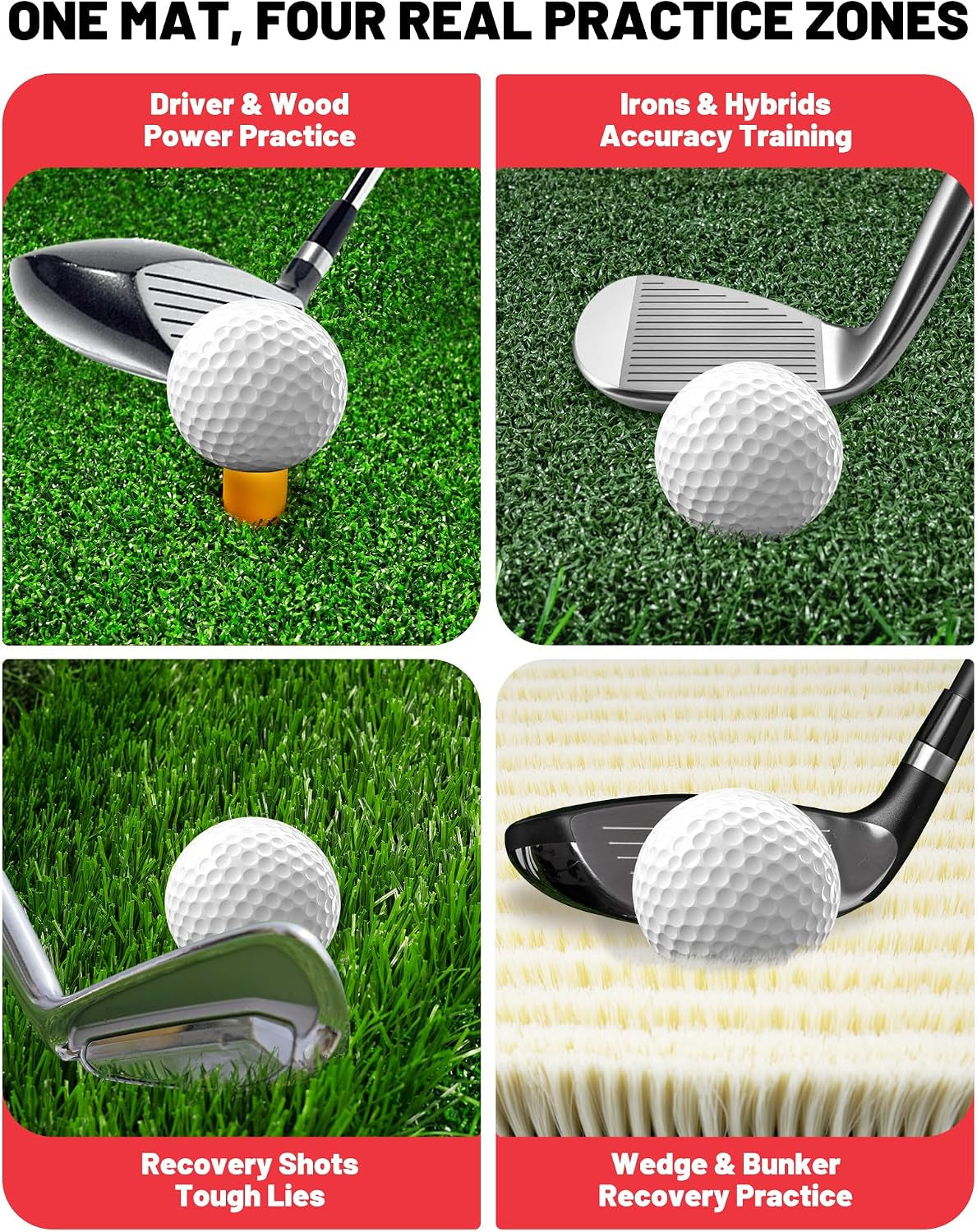 4-In-1 Golf Hitting Mat, Golf Practice Mat with Fairway, Rough, Sand & Tee Turf, Indoor Outdoor Golf Training Mat for Driving, Chipping & Putting with Golf Mat Tees