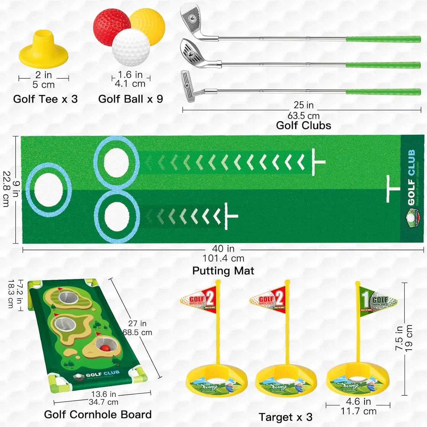 Kids All-In-1 Golf Starter Set - 3 Clubs, 9 Balls, Putting Mat, Cornhole Board, Toss Game, Sporty Ball Games, Adjustable, Safe, Durable, Versatile Play Modes, Christmas Gift for Ages 3-12