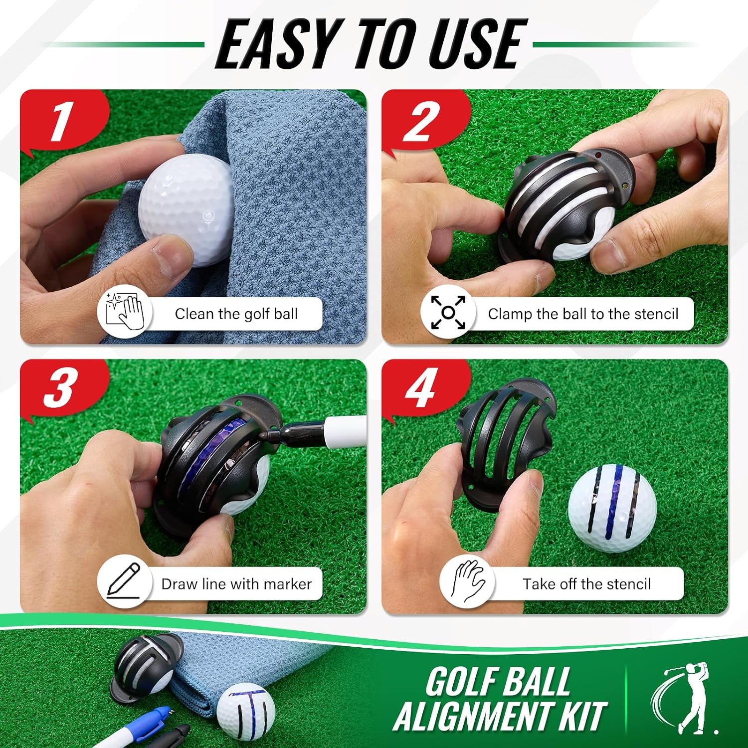 4-Piece Golf Ball Marker Alignment Kit, Stencils & Pens | Includes T-Line and Straight-Line Stencils with 2 Fine Tip Pens for Marking Golf Balls and Improving Putting Aim.