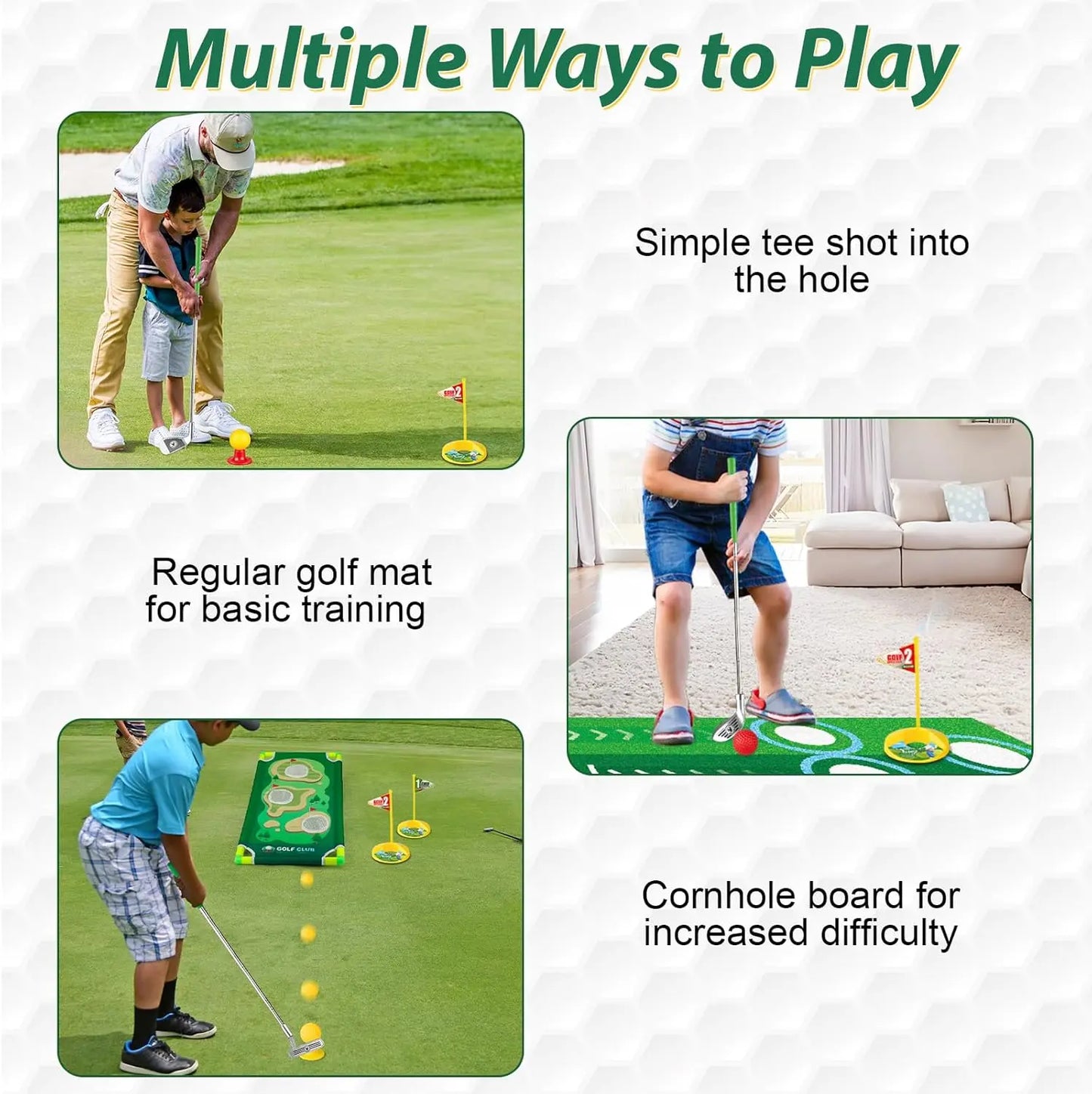 Kids All-In-1 Golf Starter Set - 3 Clubs, 9 Balls, Putting Mat, Cornhole Board, Toss Game, Sporty Ball Games, Adjustable, Safe, Durable, Versatile Play Modes, Christmas Gift for Ages 3-12