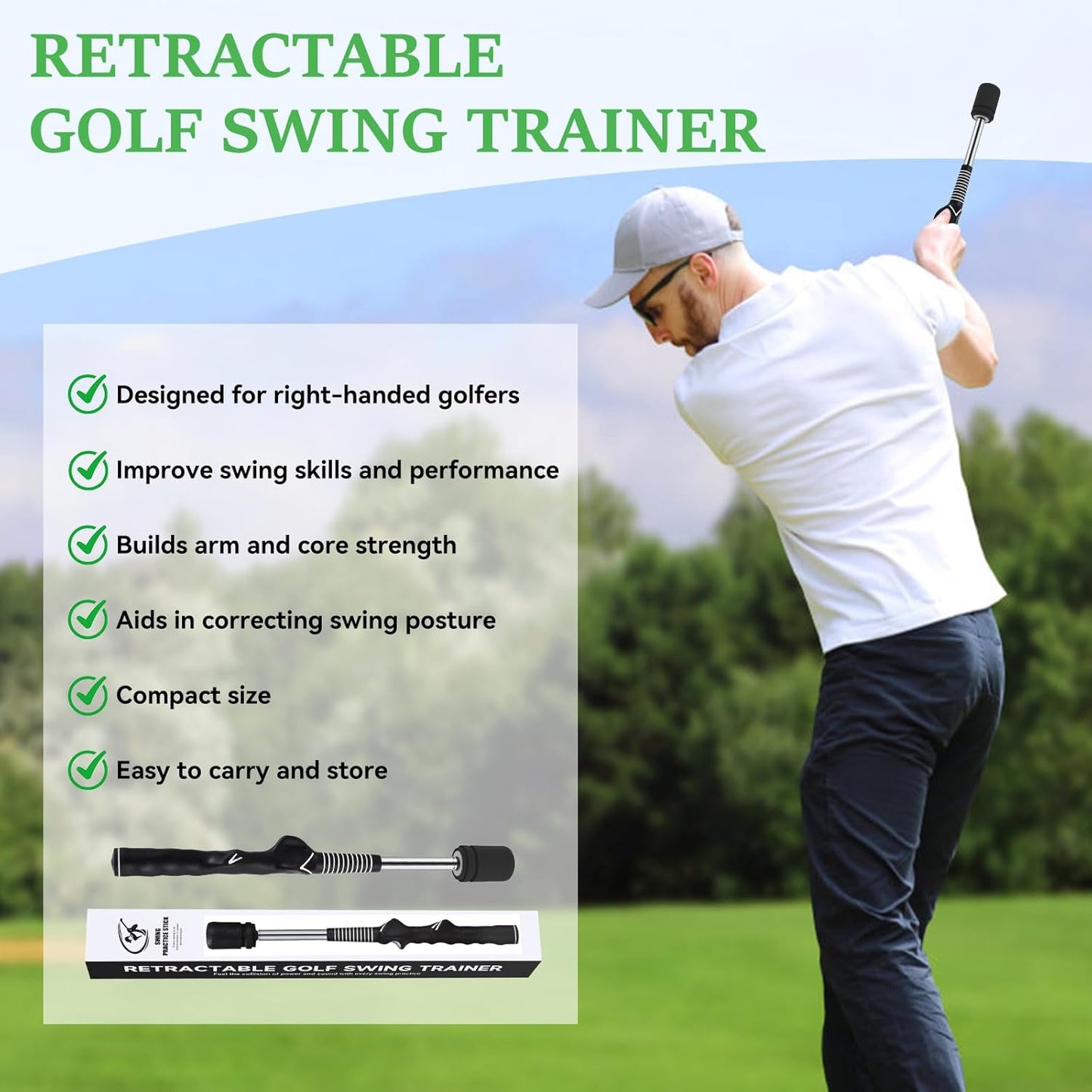 Golf Swing Training Aid, Retractable Golf Grip Trainer for Golf Training, Golf Swing Trainer with Arm Band for Warm-Up, Right-Handed Grip Trainer Golf Club for Indoor & Outdoor Use