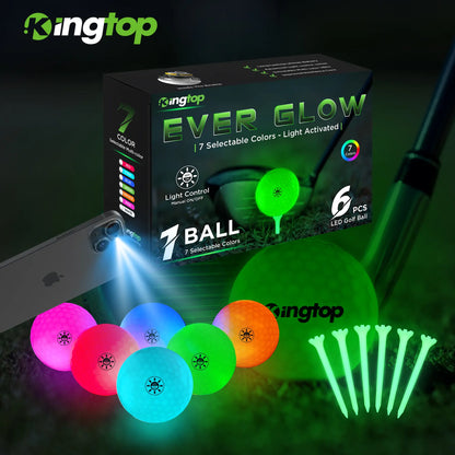 KINGTOP Glow in the Dark LED Golf Ball - Light Activated Light up Golf Ball with Fluorescent Tees and Storage Bag, Fun Night Golf Gift for Men and Women