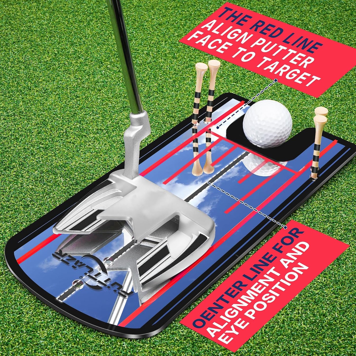 Golf Putting Mirror with 6 Tees, Putting Mirror Training Aid for Golf Practice Putting Trainer, Golf Gifts for Men