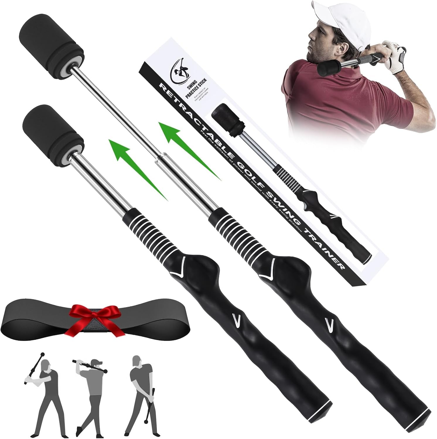 Golf Swing Training Aid, Retractable Golf Grip Trainer for Golf Training, Golf Swing Trainer with Arm Band for Warm-Up, Right-Handed Grip Trainer Golf Club for Indoor & Outdoor Use