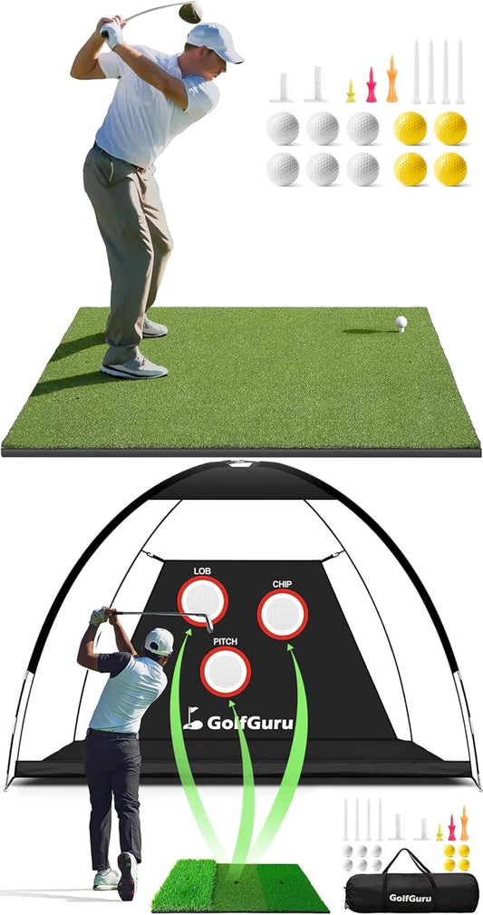 10X7Ft All in 1 Golf Practice Net & 5X5Ft Golf Hitting Mats Practice with 10 Golf Balls, 9 Golf Tees, Golf Hitting Training Aids for Backyard Driving Chipping Indoor Outdoor Training
