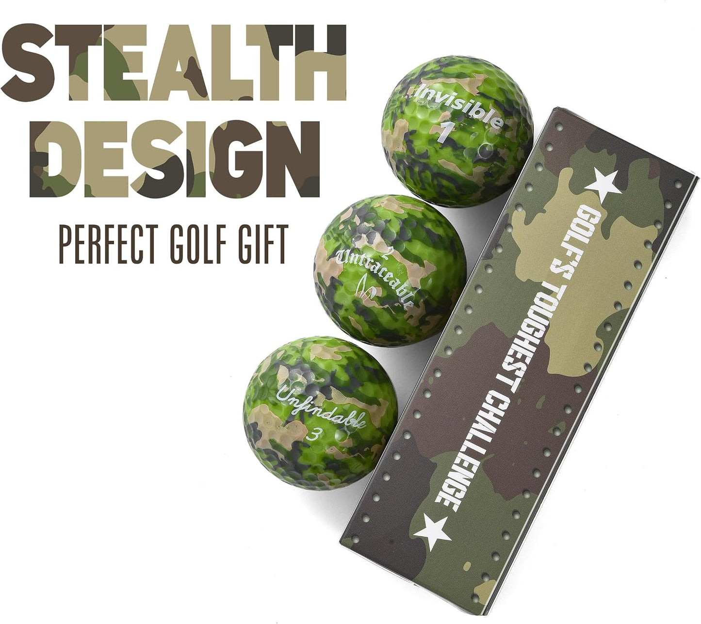 Shanker Camo Golf Balls – Funny Camouflage Prank Gift with Sayings (3-Pack) – the #1 Challenge in Golf – Novelty Gift for Golfers