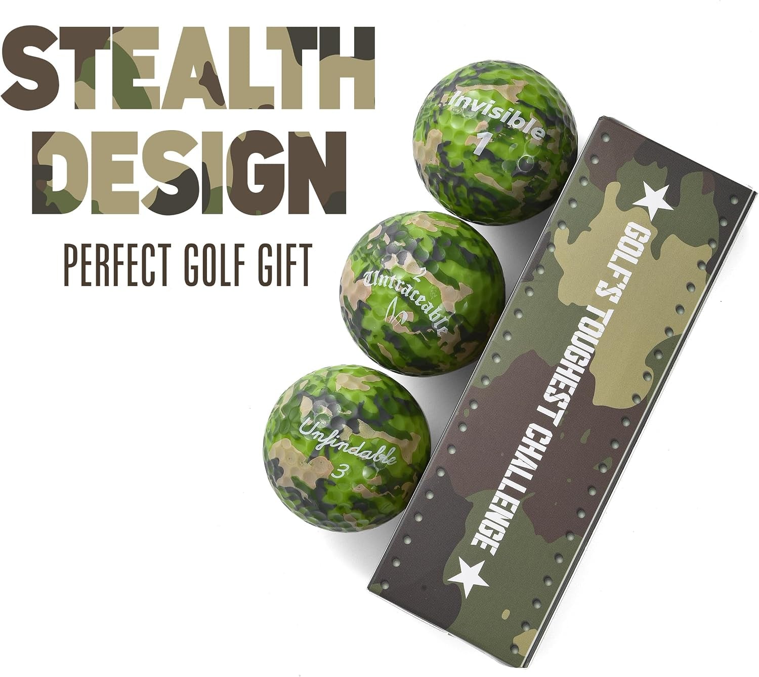 Shanker Camo Golf Balls – Funny Camouflage Prank Gift with Sayings (3-Pack) – the #1 Challenge in Golf – Novelty Gift for Golfers