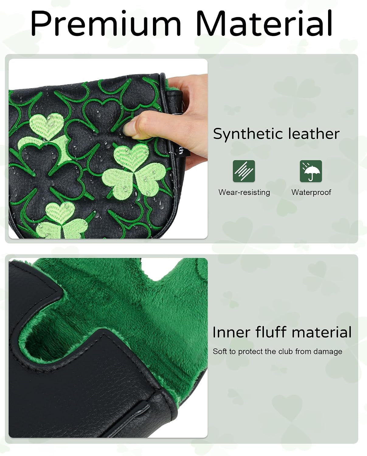Golf Putter Covers Mallet Putter Headcover Magnetic Closure, Shamrock Putter Cover Headcover Black Leather Mallet Putter Covers for 2 Ball Putter