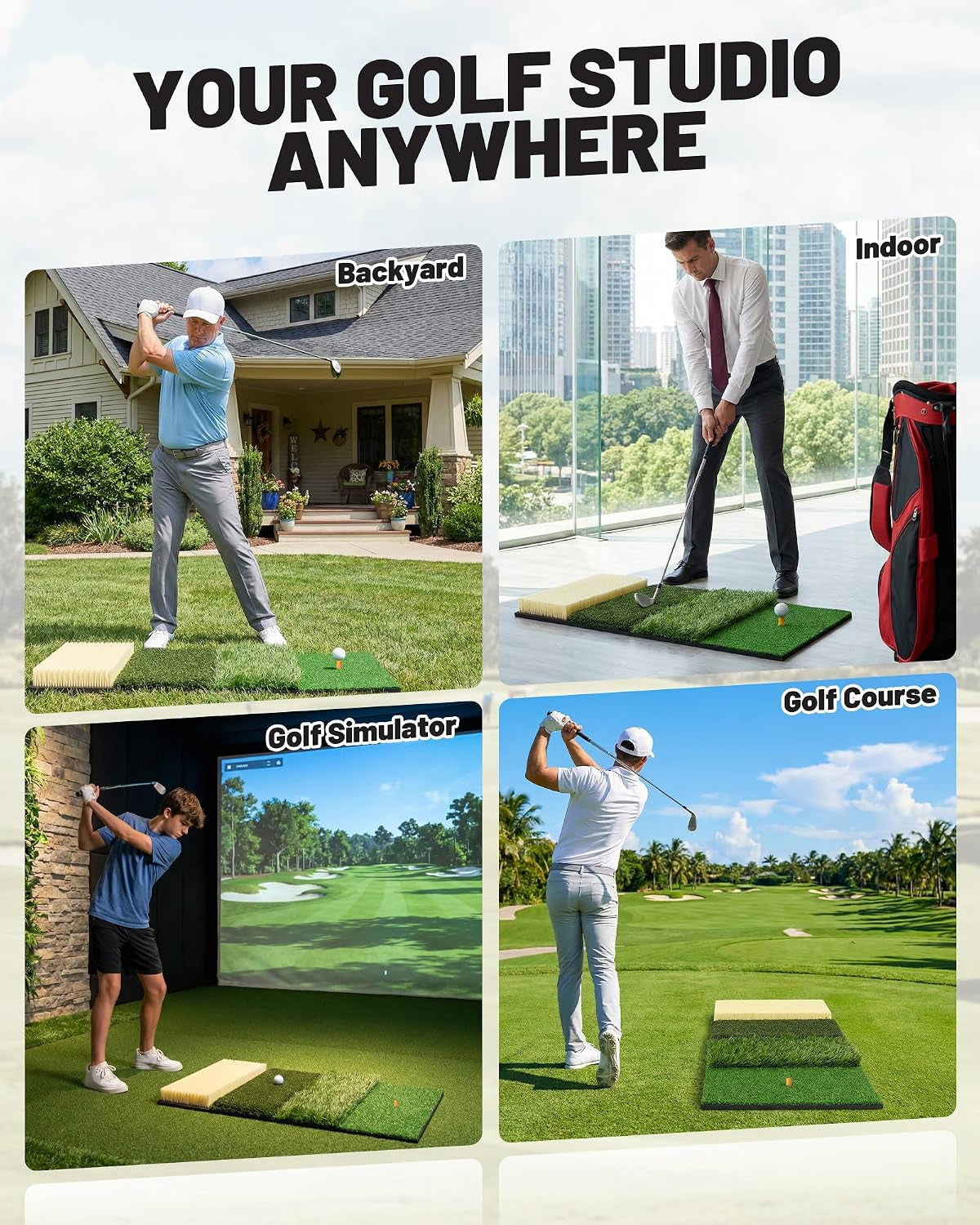 4-In-1 Golf Hitting Mat, Golf Practice Mat with Fairway, Rough, Sand & Tee Turf, Indoor Outdoor Golf Training Mat for Driving, Chipping & Putting with Golf Mat Tees