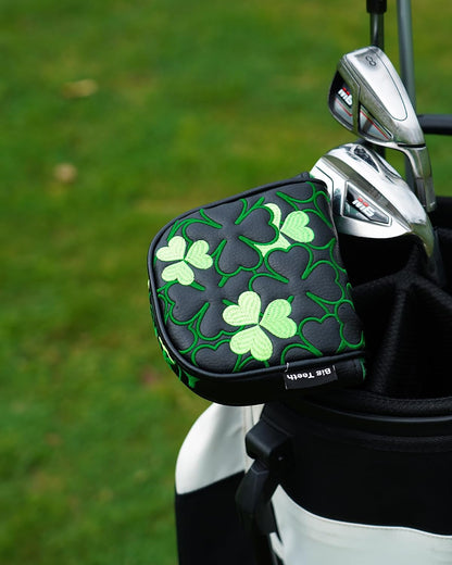 Golf Putter Covers Mallet Putter Headcover Magnetic Closure, Shamrock Putter Cover Headcover Black Leather Mallet Putter Covers for 2 Ball Putter