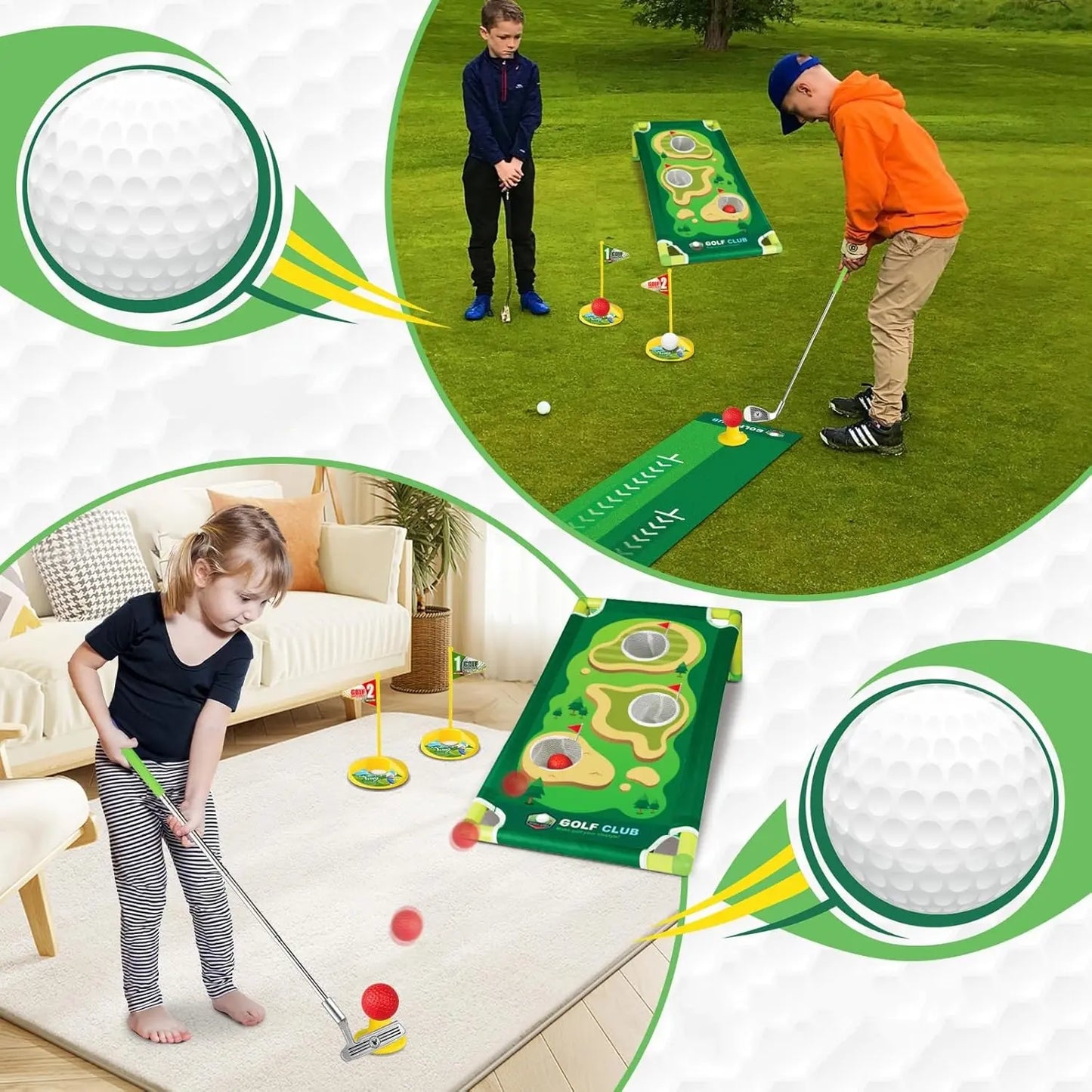 Kids All-In-1 Golf Starter Set - 3 Clubs, 9 Balls, Putting Mat, Cornhole Board, Toss Game, Sporty Ball Games, Adjustable, Safe, Durable, Versatile Play Modes, Christmas Gift for Ages 3-12