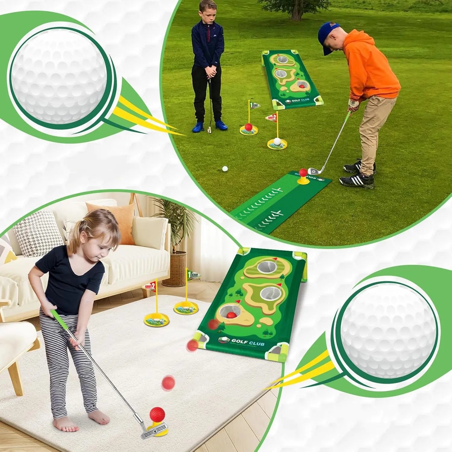 Kids All-In-1 Golf Starter Set - 3 Clubs, 9 Balls, Putting Mat, Cornhole Board, Toss Game, Sporty Ball Games, Adjustable, Safe, Durable, Versatile Play Modes, Christmas Gift for Ages 3-12
