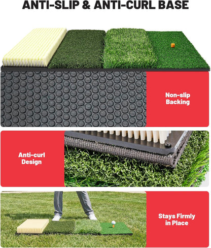 4-In-1 Golf Hitting Mat, Golf Practice Mat with Fairway, Rough, Sand & Tee Turf, Indoor Outdoor Golf Training Mat for Driving, Chipping & Putting with Golf Mat Tees