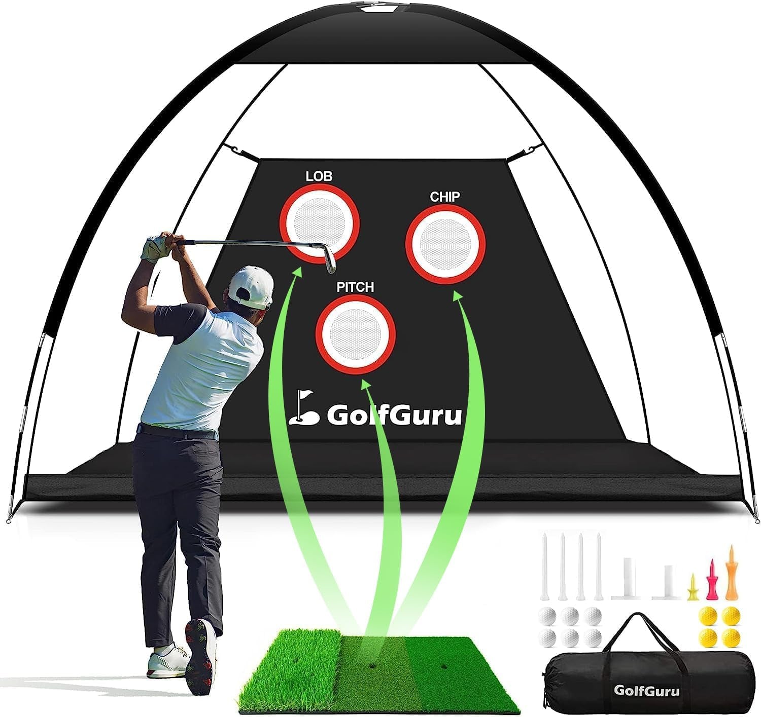 10X7Ft All in 1 Golf Practice Net & 5X5Ft Golf Hitting Mats Practice with 10 Golf Balls, 9 Golf Tees, Golf Hitting Training Aids for Backyard Driving Chipping Indoor Outdoor Training