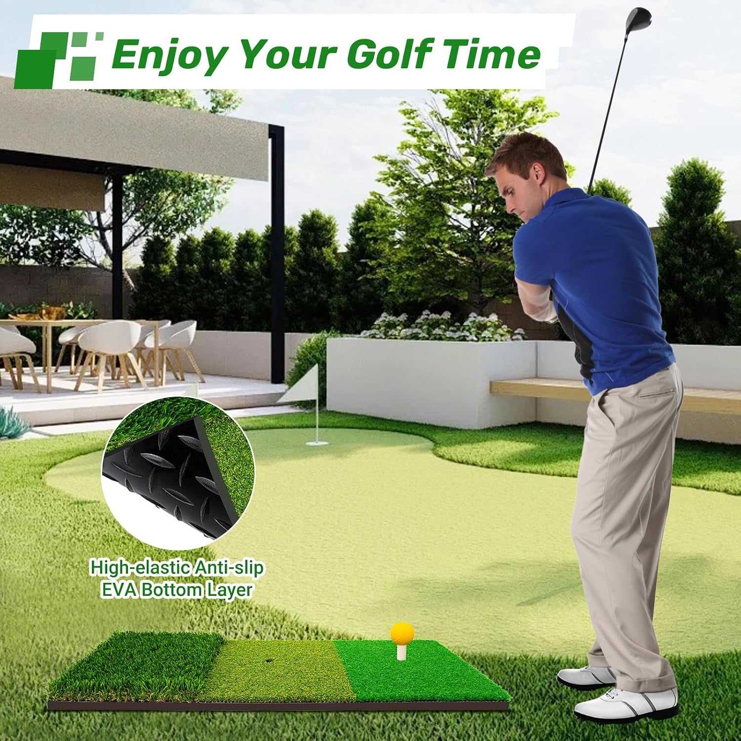 Portable & Foldable Golf Practice Mat – Dual-Turf Golf Hitting Mat for Indoor & Outdoor Swing and Chipping – Fairway & Rough Turf Golf Training Mat for Backyard and Home