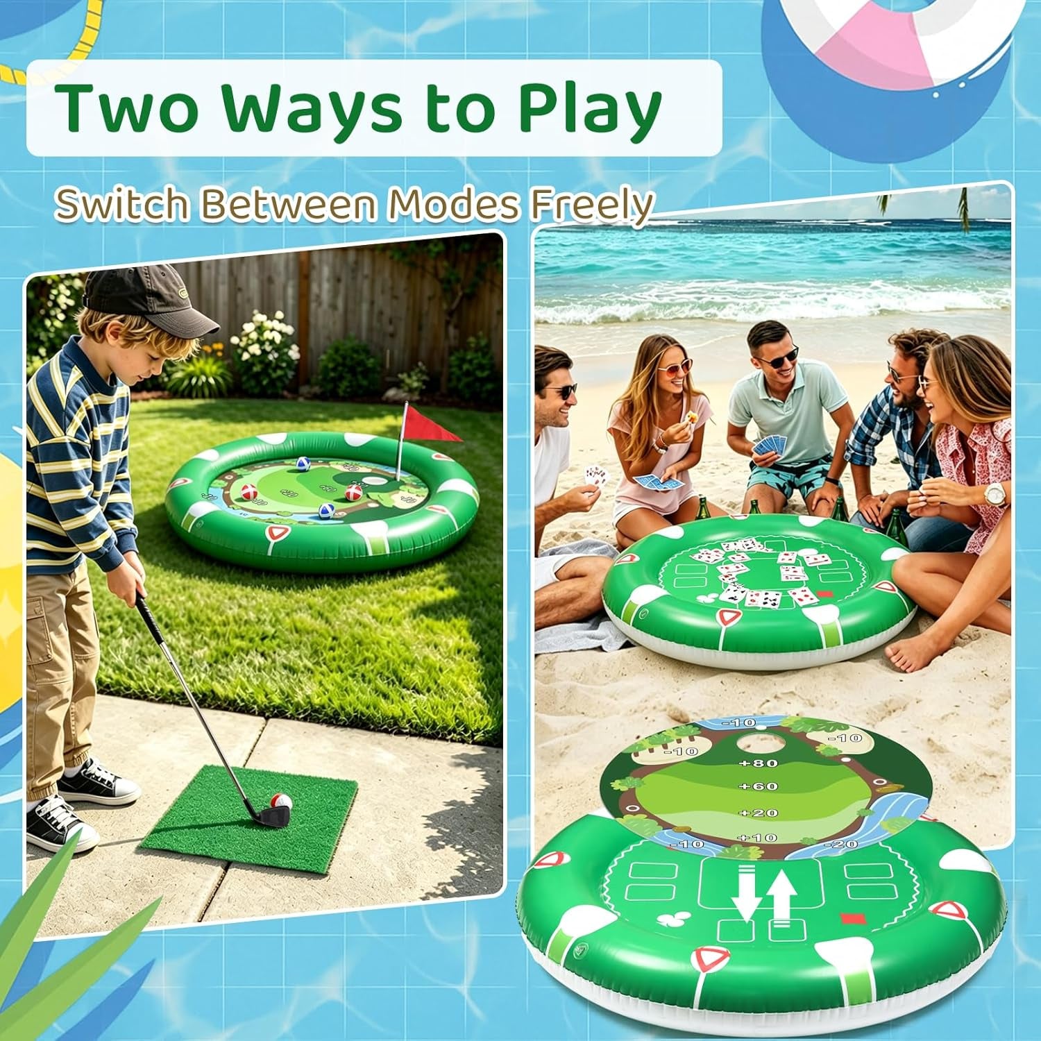 2 in 1 Kids Inflatable Golf Pool Set with Floating Poker Table Pool Game | Golf Water Chipping Game & Card Games, Summer Outdoor Golf Toys Gift for Boys Girls Teen Adults Family Yard Swimming Party