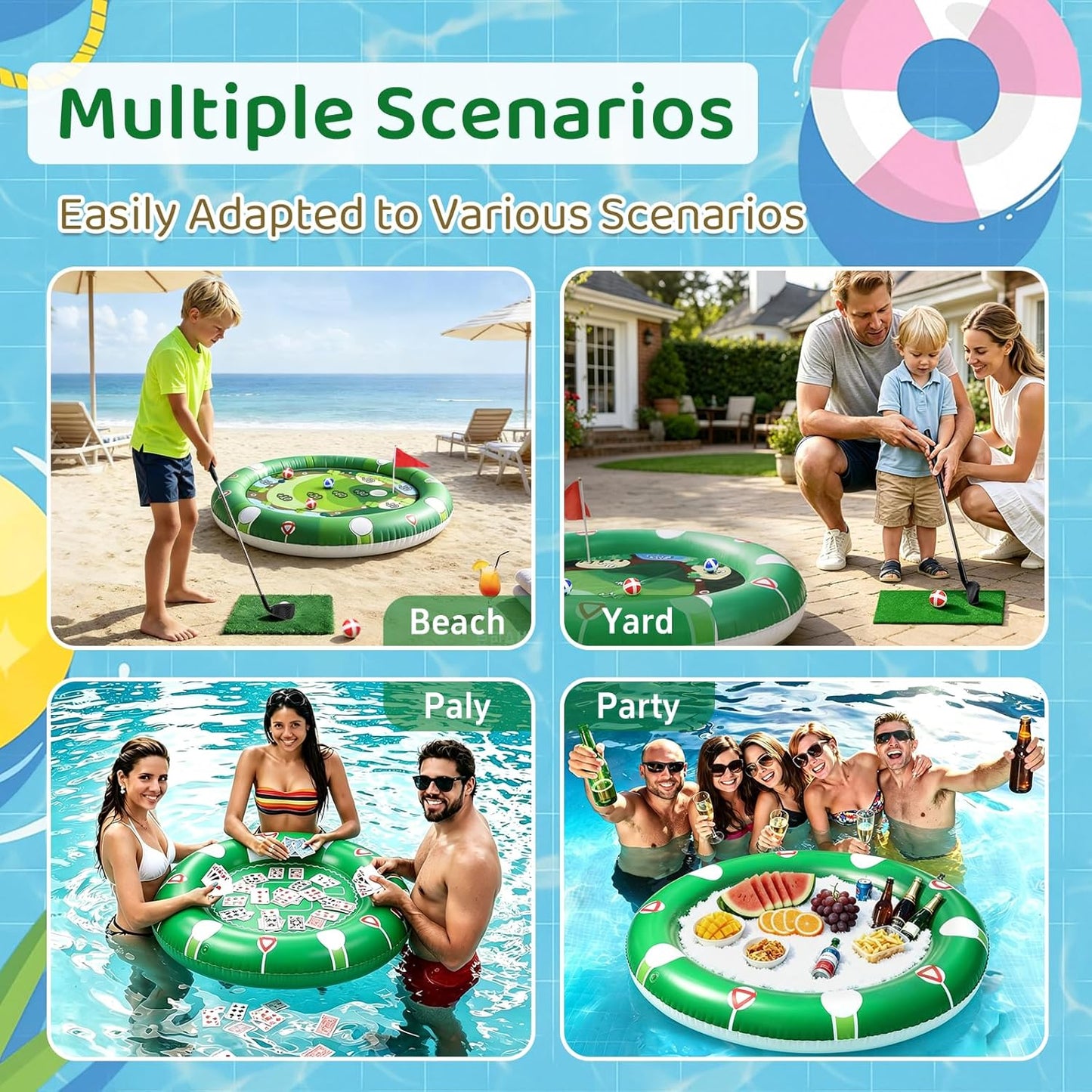 2 in 1 Kids Inflatable Golf Pool Set with Floating Poker Table Pool Game | Golf Water Chipping Game & Card Games, Summer Outdoor Golf Toys Gift for Boys Girls Teen Adults Family Yard Swimming Party