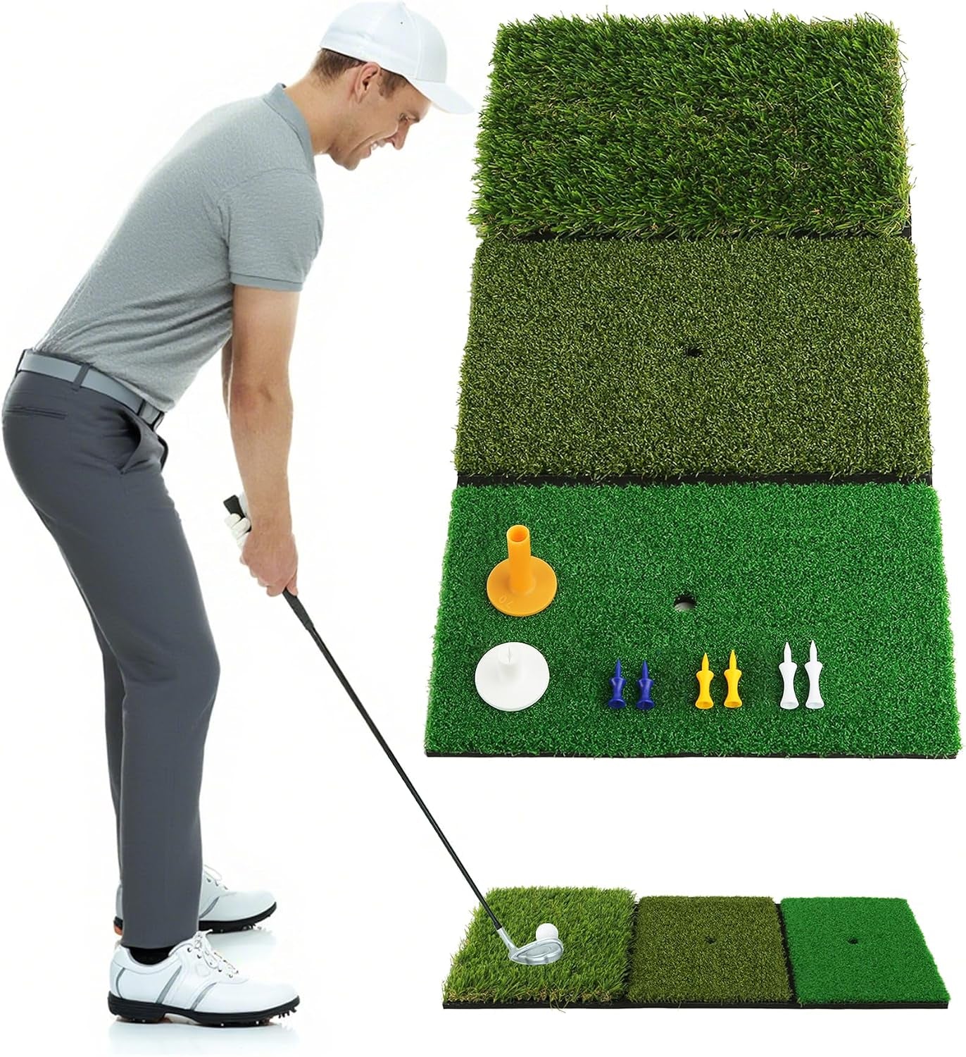 Golf Hitting Mat,Dual-Turf and Tri-Turf Portable & Foldable Golf Mat,Artificial Turf Golf Training Aids for Hitting,Swing & Putting-Ideal Golf Practice Mat for Indoor/Outdoor Use