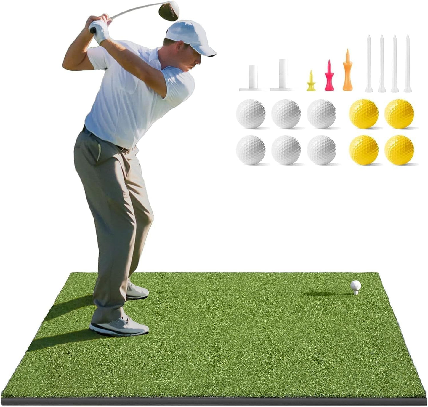 10X7Ft All in 1 Golf Practice Net & 5X5Ft Golf Hitting Mats Practice with 10 Golf Balls, 9 Golf Tees, Golf Hitting Training Aids for Backyard Driving Chipping Indoor Outdoor Training