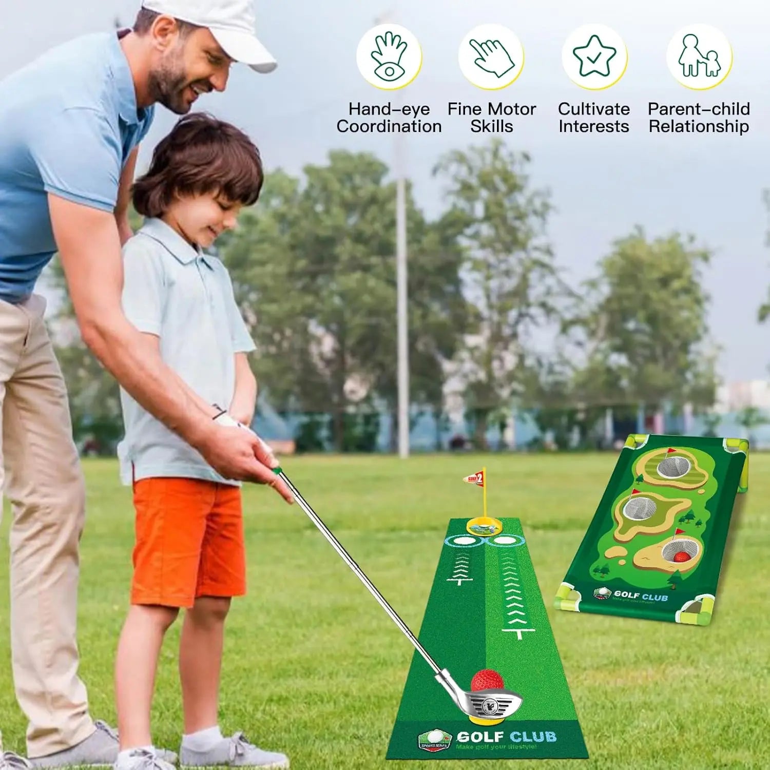 Kids All-In-1 Golf Starter Set - 3 Clubs, 9 Balls, Putting Mat, Cornhole Board, Toss Game, Sporty Ball Games, Adjustable, Safe, Durable, Versatile Play Modes, Christmas Gift for Ages 3-12