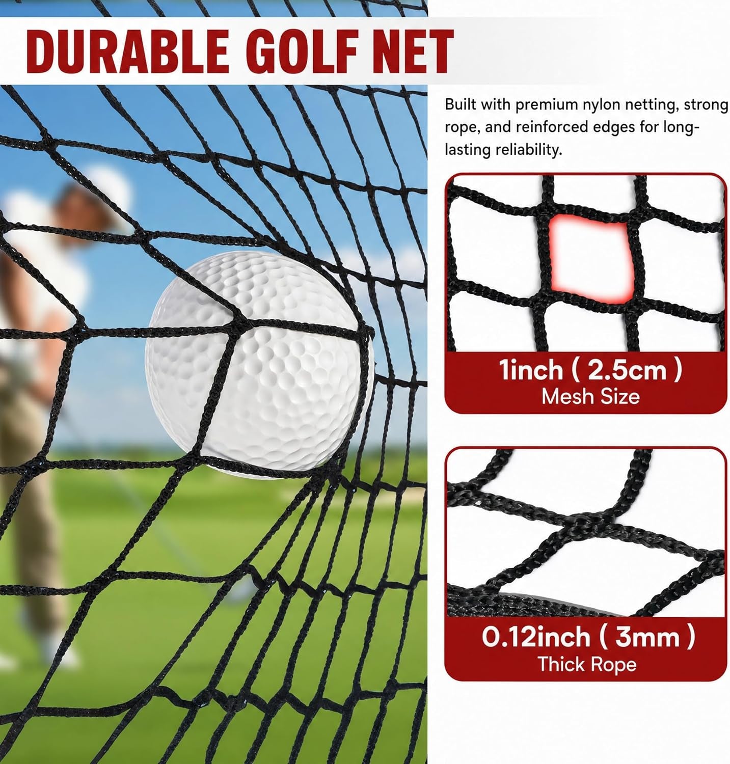 Golf Net,7Ft,10Ft,15Ft,20Ft,25Ft, 30Ft, 40Ft Golf Practice Net,Sports Practice Barrier Net, Heavy Duty Ball Netting Golf Hitting Net, DIY Ball Net,Baseball Net Hockey Net and Chipping Net