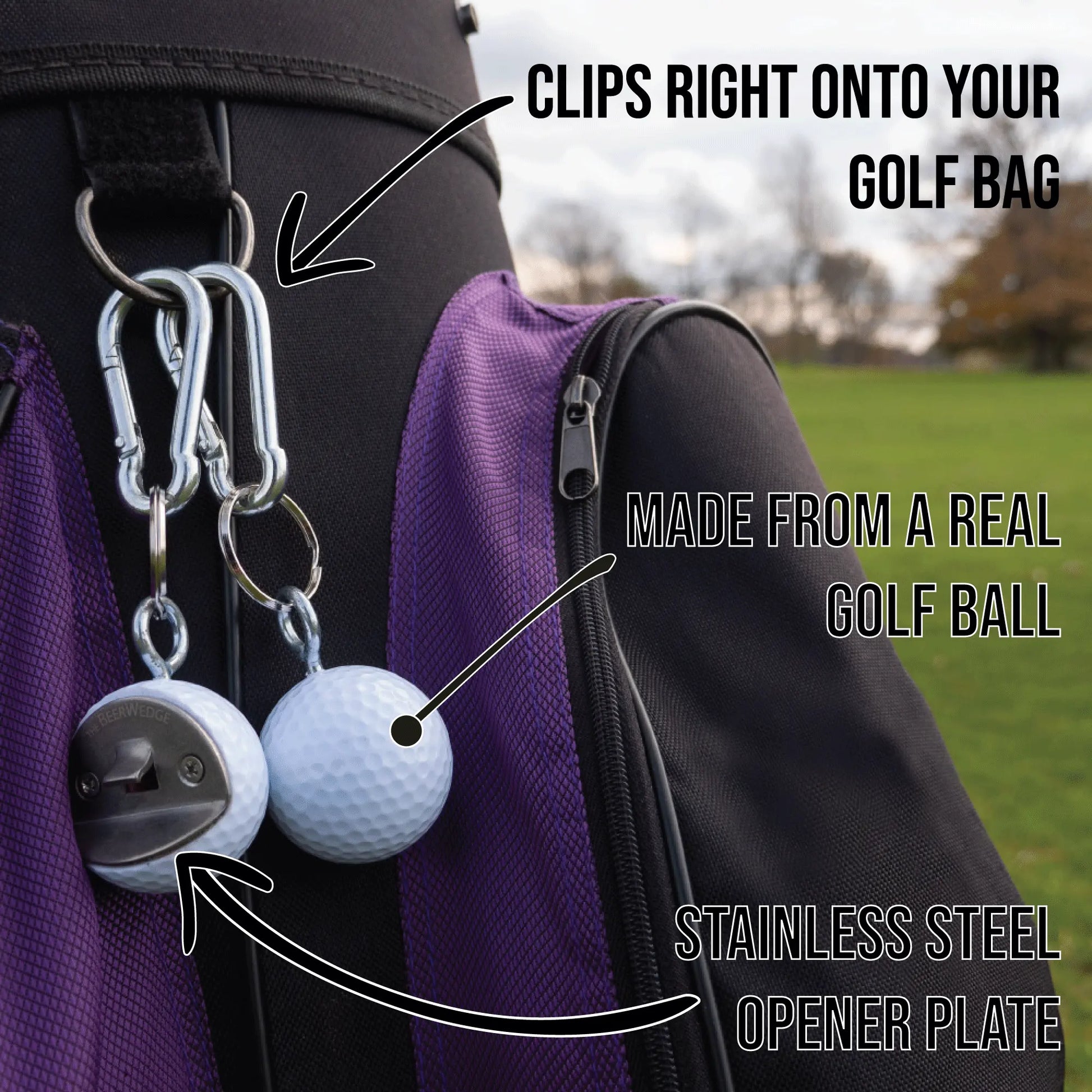 Golf Ball Bottle Opener Made from a REAL Golf Ball, Clips to Golf Bag or Makes a Good Keychain