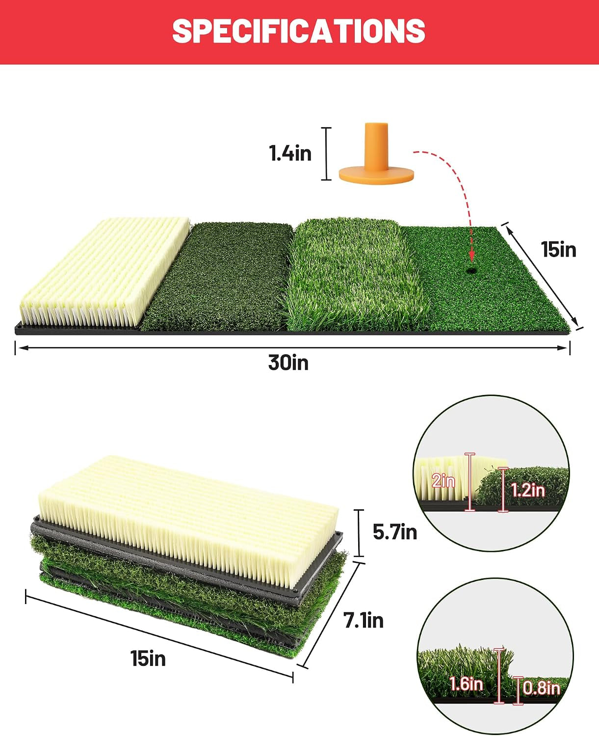4-In-1 Golf Hitting Mat, Golf Practice Mat with Fairway, Rough, Sand & Tee Turf, Indoor Outdoor Golf Training Mat for Driving, Chipping & Putting with Golf Mat Tees