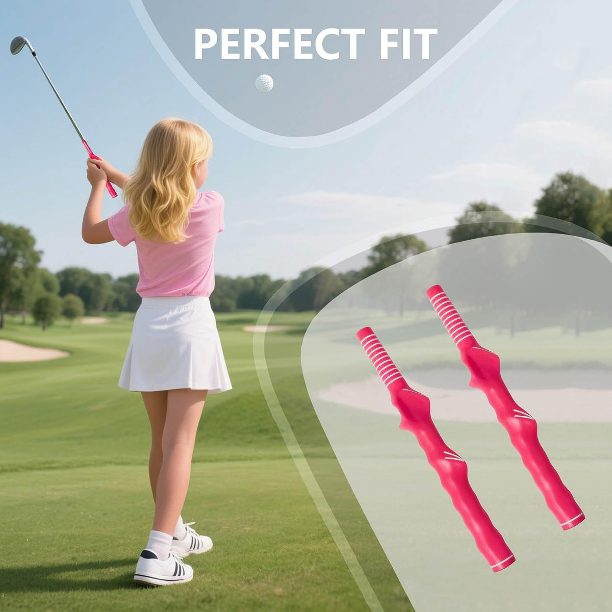 Right Hand Golf Grip Trainer Golf Practice Tool 2Pcs for Child.Golf Training Aid Golf Grip Kit Golf Club Grips,Grip Trainer Golf Club for Improving Correct Hand Position.(Pink)
