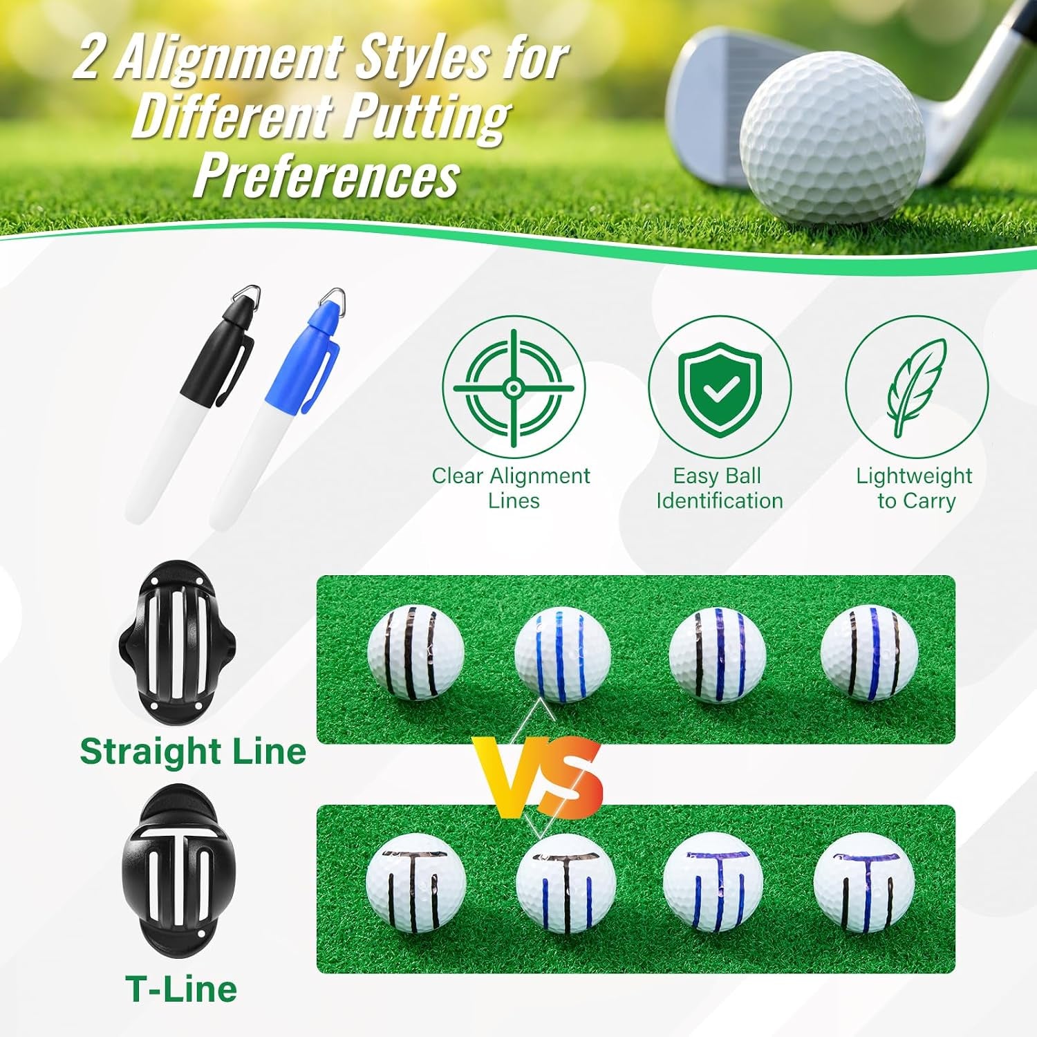 4-Piece Golf Ball Marker Alignment Kit, Stencils & Pens | Includes T-Line and Straight-Line Stencils with 2 Fine Tip Pens for Marking Golf Balls and Improving Putting Aim.