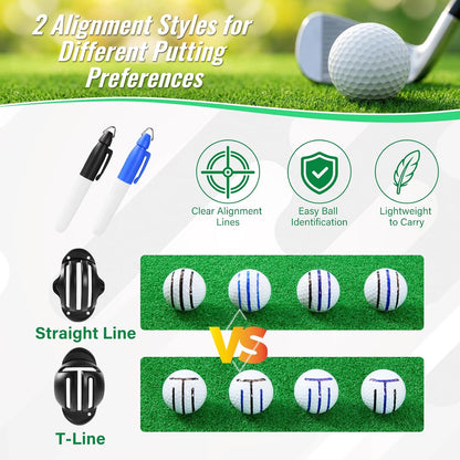 4-Piece Golf Ball Marker Alignment Kit, Stencils & Pens | Includes T-Line and Straight-Line Stencils with 2 Fine Tip Pens for Marking Golf Balls and Improving Putting Aim.