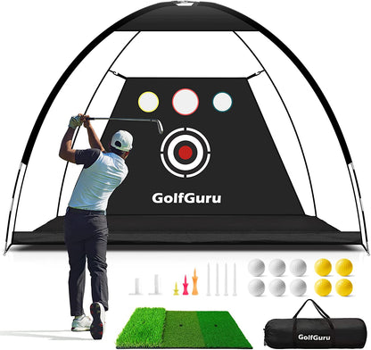 All in 1 Golf Practice Net - 10X7Ft Tri-Turf Mat, Impact Target, 10 Balls, 7 Tees, Carry Bag for Backyard Driving Chipping Indoor