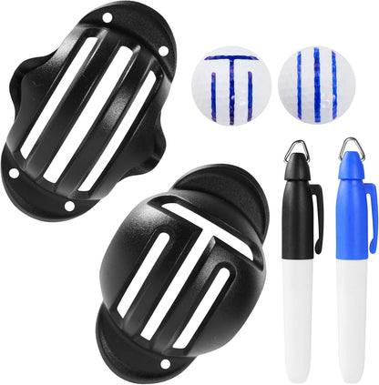 4-Piece Golf Ball Marker Alignment Kit, Stencils & Pens | Includes T-Line and Straight-Line Stencils with 2 Fine Tip Pens for Marking Golf Balls and Improving Putting Aim.