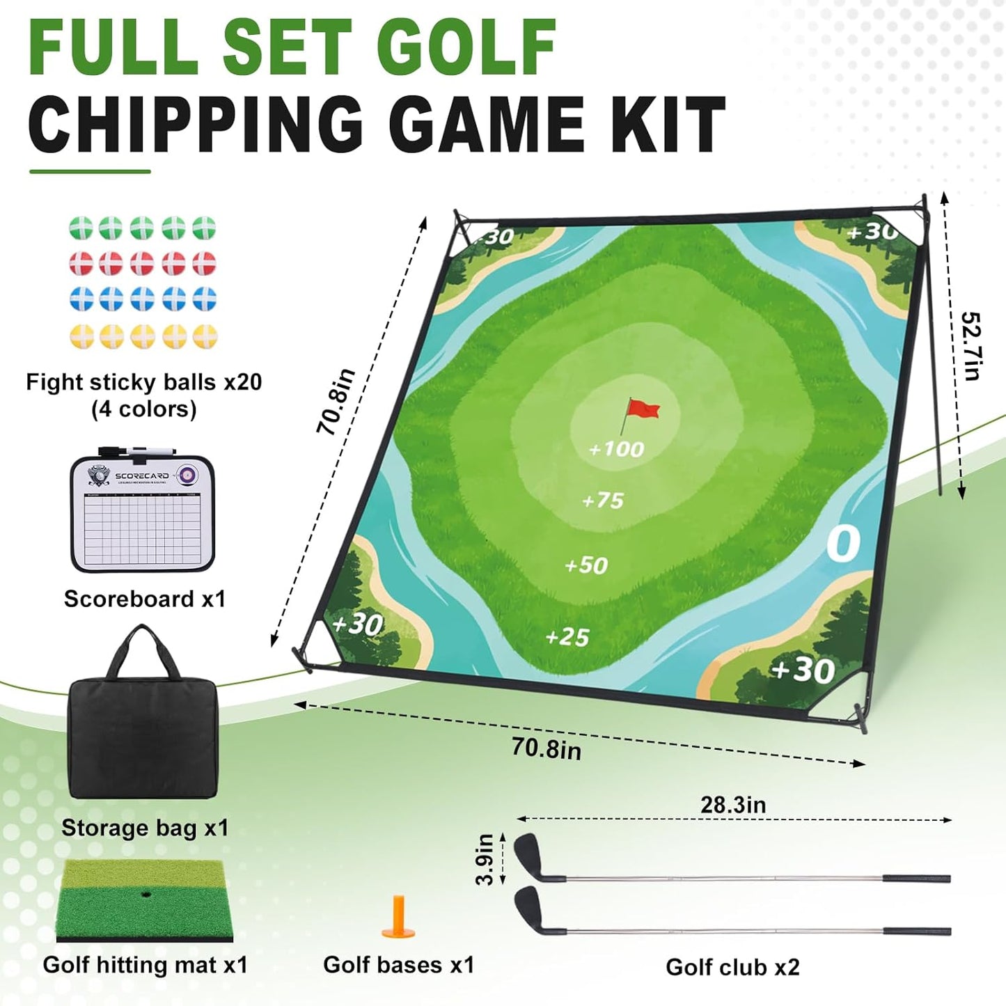 71"×71" Golf Chipping Game Outdoor Indoor, Double Sided Golf Chipping Practice Set with Hitting Mat, Golf Club, Sticky Ball,Scoreboard