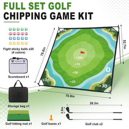 71"×71" Golf Chipping Game Outdoor Indoor, Double Sided Golf Chipping Practice Set with Hitting Mat, Golf Club, Sticky Ball,Scoreboard
