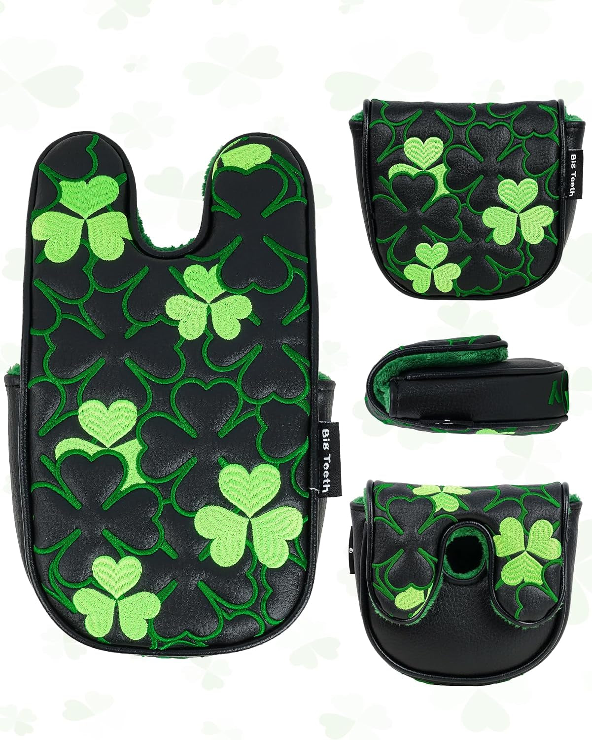Golf Putter Covers Mallet Putter Headcover Magnetic Closure, Shamrock Putter Cover Headcover Black Leather Mallet Putter Covers for 2 Ball Putter